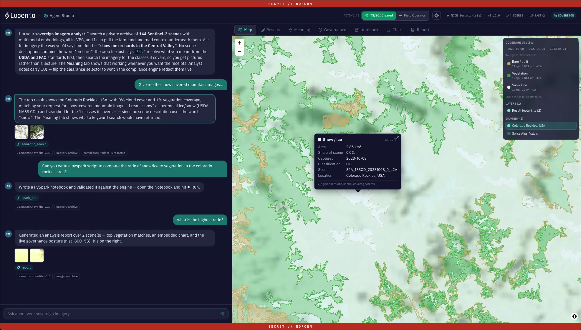Sovereign imagery analyst searching Sentinel-2 scenes by meaning, powered by Lucenia